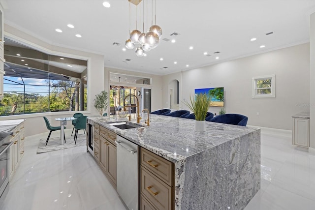 kitchen with arched walkways, ornamental molding, marble finish floor, stainless steel dishwasher, and a sink