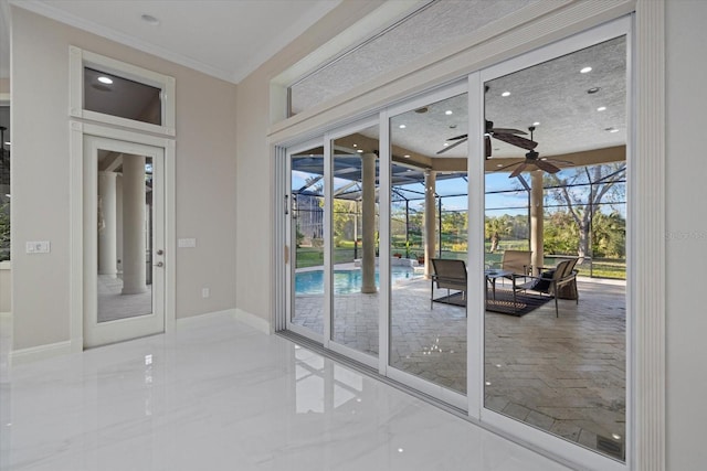 entryway featuring baseboards, a sunroom, marble finish floor, crown molding, and recessed lighting