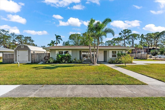 single story home featuring a shed and a front yard