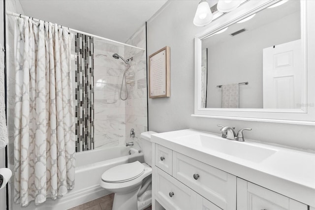 full bathroom featuring tile patterned floors, vanity, toilet, and shower / bathtub combination with curtain