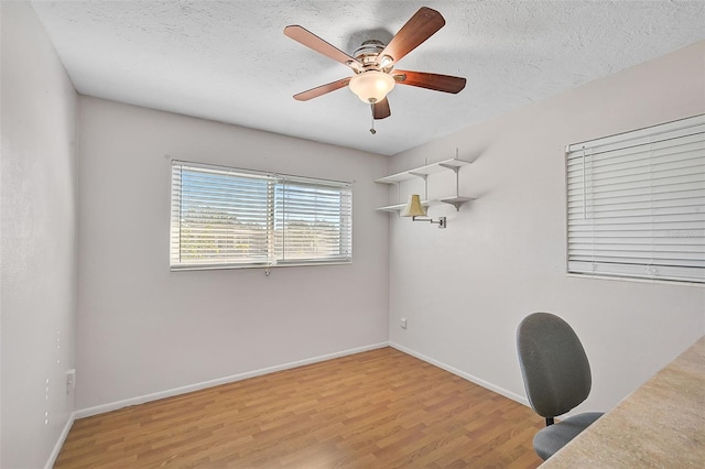 unfurnished office with ceiling fan, light hardwood / wood-style flooring, and a textured ceiling