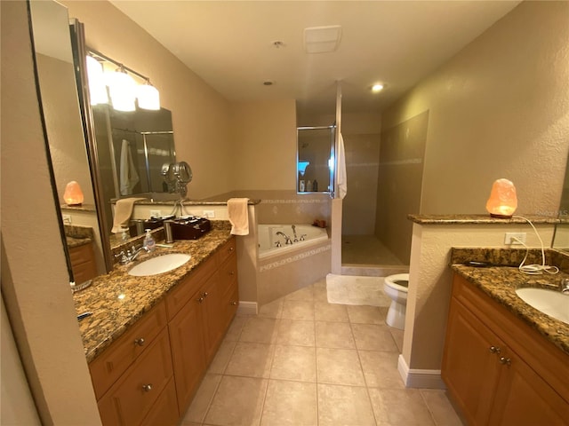 full bathroom with tile patterned flooring, vanity, and plus walk in shower