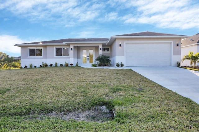 view of front facade with concrete driveway, an attached garage, french doors, a front lawn, and stucco siding