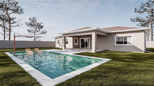 back of house featuring a fenced in pool, a yard, and a patio