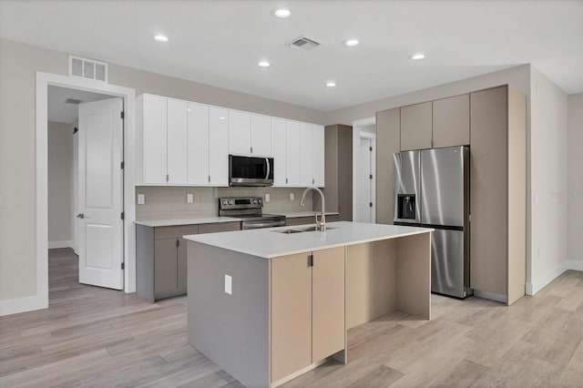 kitchen with sink, light hardwood / wood-style flooring, an island with sink, decorative backsplash, and appliances with stainless steel finishes