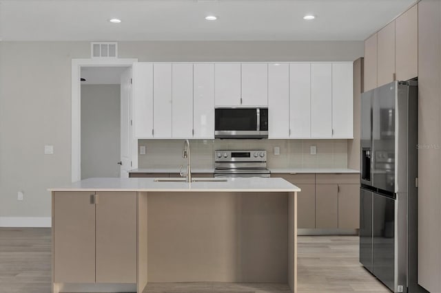 kitchen featuring a center island with sink, white cabinetry, sink, and appliances with stainless steel finishes