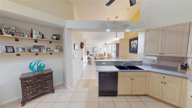 kitchen featuring ceiling fan, dishwasher, light tile patterned flooring, and sink