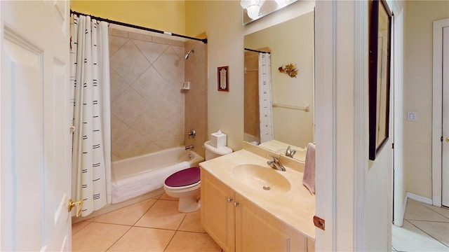 full bathroom featuring tile patterned floors, vanity, shower / bathtub combination with curtain, and toilet