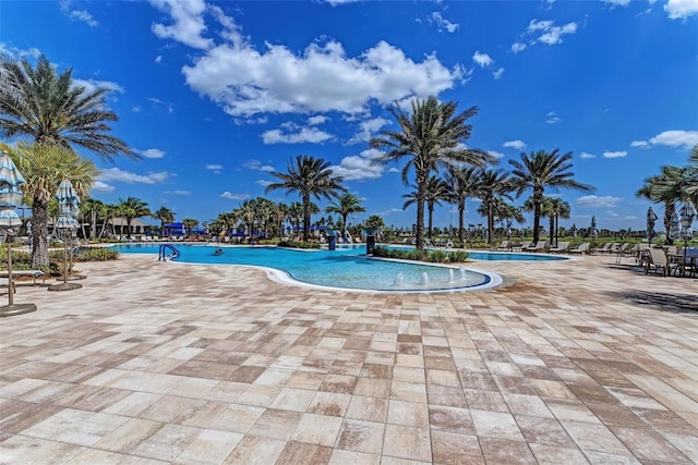 view of swimming pool featuring a patio area