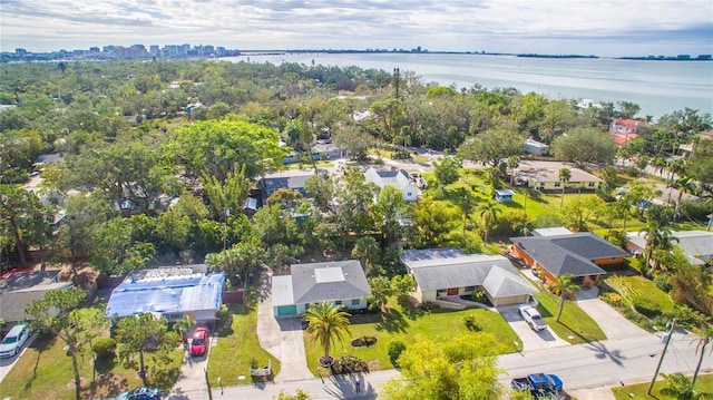 bird's eye view with a water view