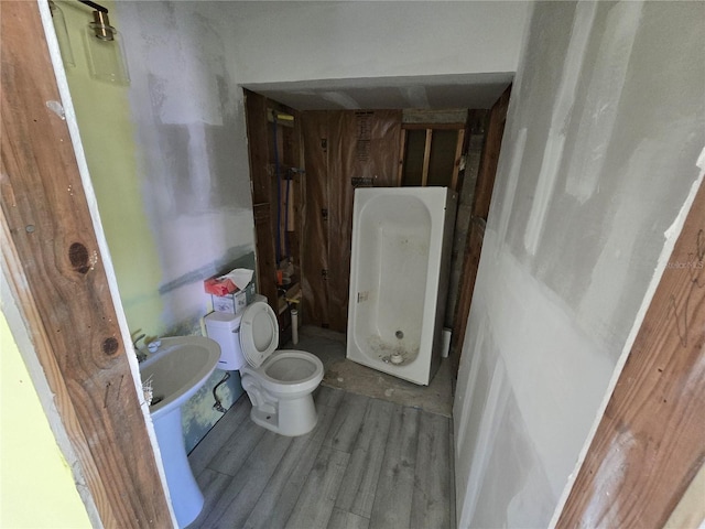 bathroom featuring wood-type flooring, toilet, and sink