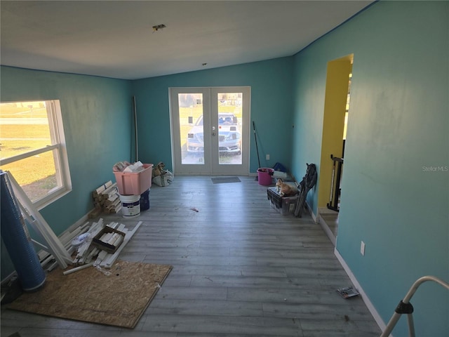 miscellaneous room with french doors, vaulted ceiling, and wood-type flooring