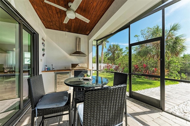 sunroom featuring ceiling fan, wood ceiling, wine cooler, and vaulted ceiling