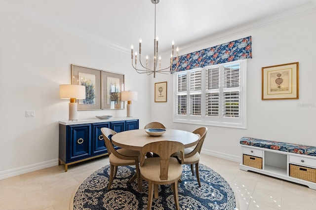 tiled dining room with crown molding and a notable chandelier