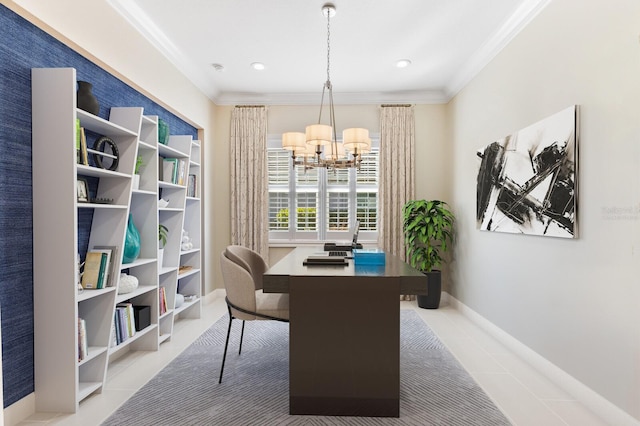 home office featuring a chandelier, tile patterned flooring, and ornamental molding