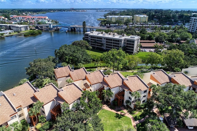 bird's eye view with a water view