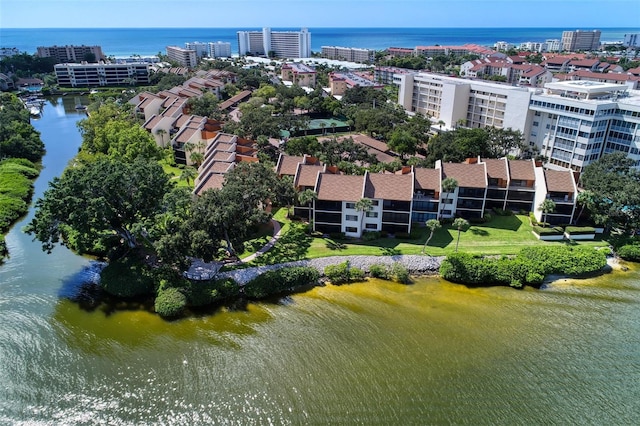 drone / aerial view featuring a water view