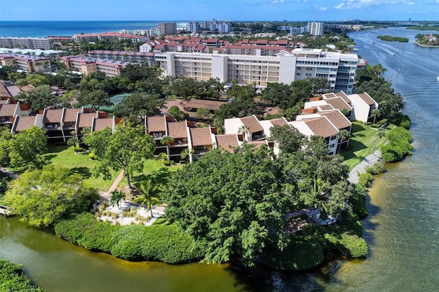 drone / aerial view with a water view