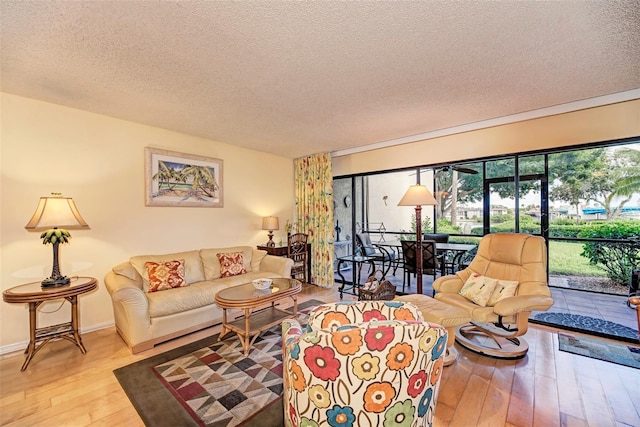 living room featuring hardwood / wood-style floors and a textured ceiling