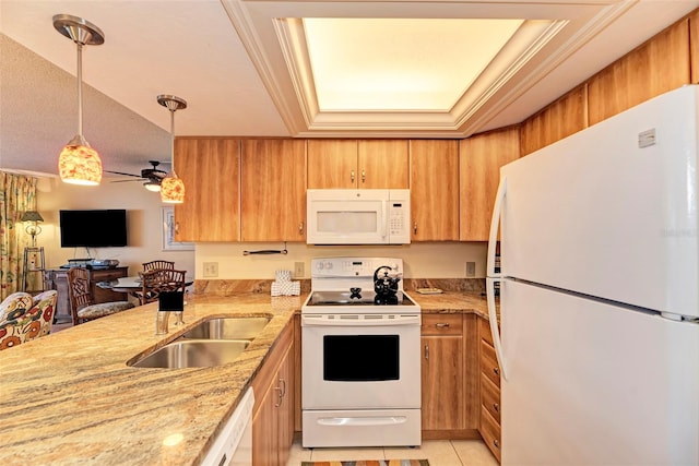 kitchen with ceiling fan, crown molding, pendant lighting, and white appliances