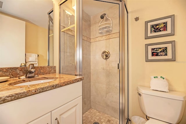 bathroom with vanity, an enclosed shower, and toilet