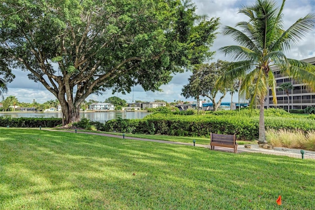 view of yard with a water view