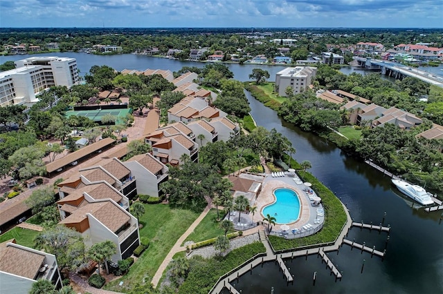 birds eye view of property featuring a water view