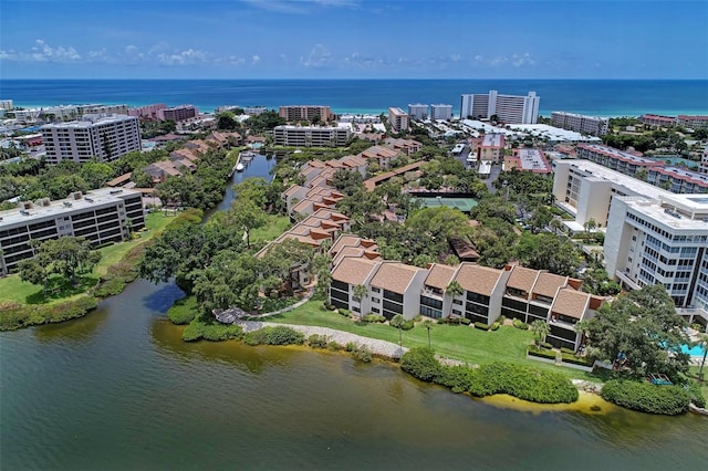 drone / aerial view with a water view