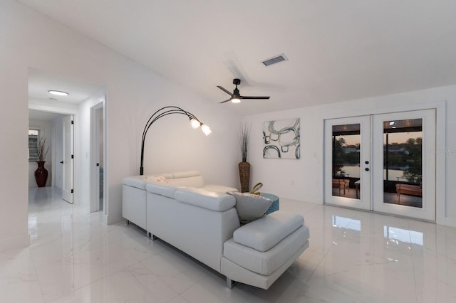 bedroom featuring ceiling fan, access to exterior, and french doors