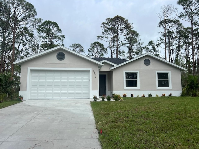 ranch-style house featuring a garage and a front lawn