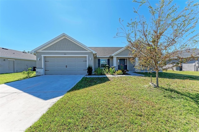 single story home with a front yard and a garage