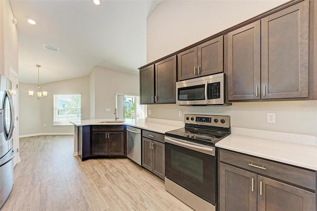 kitchen featuring pendant lighting, sink, dark brown cabinets, light hardwood / wood-style floors, and stainless steel appliances