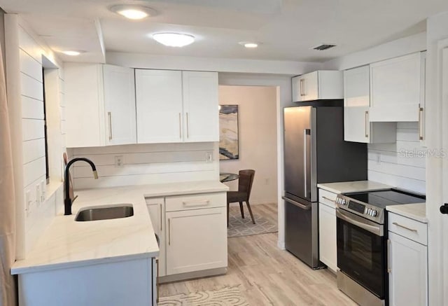 kitchen with tasteful backsplash, stainless steel appliances, sink, light hardwood / wood-style flooring, and white cabinetry