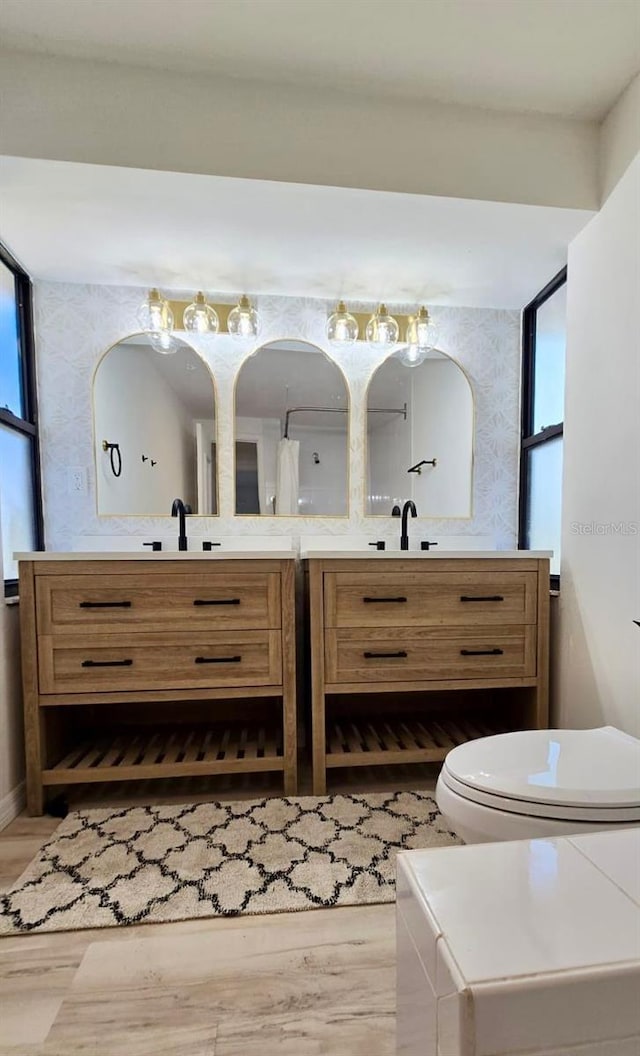 bathroom featuring wood-type flooring, vanity, and toilet