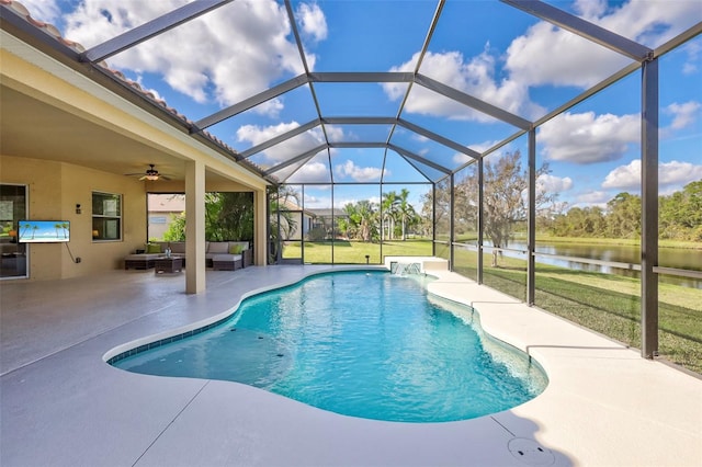 17113 1st Dr E, Bradenton, FL 34212 - outdoor pool featuring outdoor lounge area, a water view, a patio area, a yard, and ceiling fan