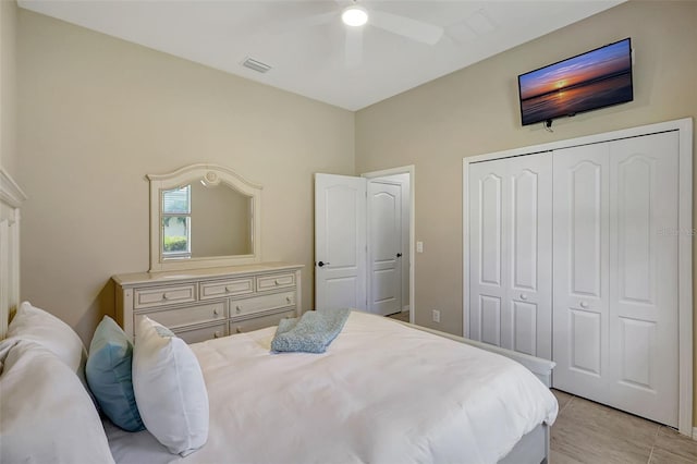 17113 1st Dr E, Bradenton, FL 34212 - tiled bedroom featuring ceiling fan and a closet