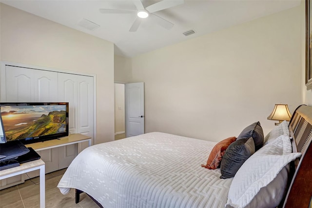 17113 1st Dr E, Bradenton, FL 34212 - tiled bedroom with ceiling fan and a closet