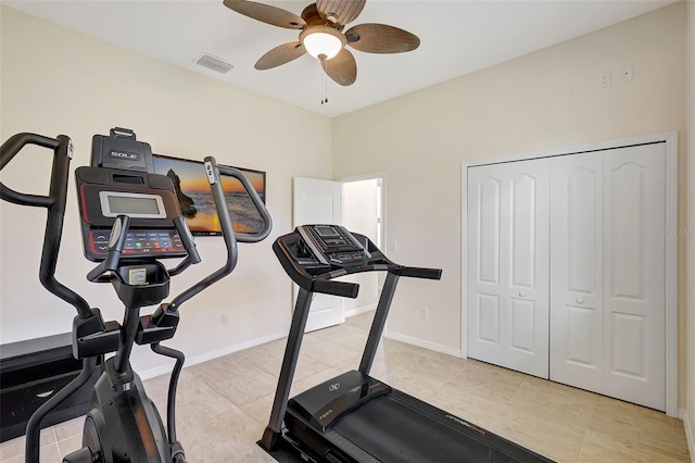 17113 1st Dr E, Bradenton, FL 34212 - workout room with light tile patterned floors and ceiling fan
