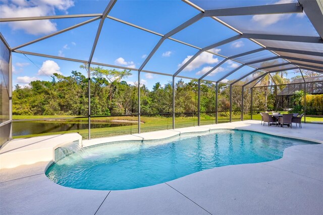 17113 1st Dr E, Bradenton, FL 34212 - view of swimming pool with pool water feature, a water view, a patio, and a lanai
