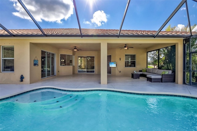 17113 1st Dr E, Bradenton, FL 34212 - view of swimming pool with a lanai, outdoor lounge area, a patio area, and ceiling fan