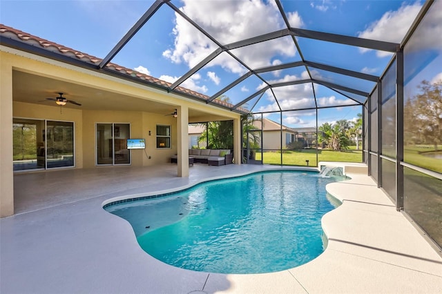 17113 1st Dr E, Bradenton, FL 34212 - view of swimming pool with ceiling fan, a lanai, an outdoor hangout area, and a patio