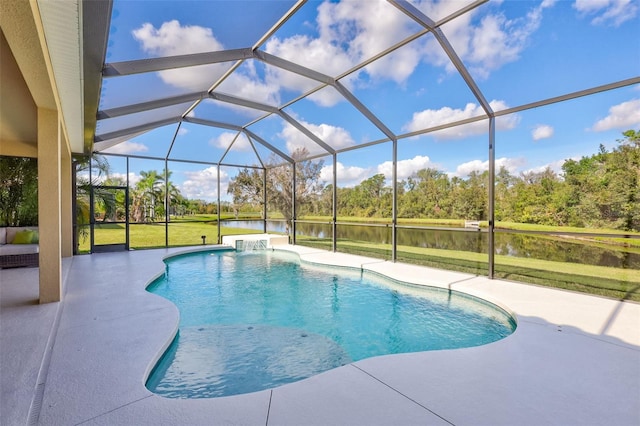 17113 1st Dr E, Bradenton, FL 34212 - view of swimming pool featuring glass enclosure, a patio area, a water view, and a yard