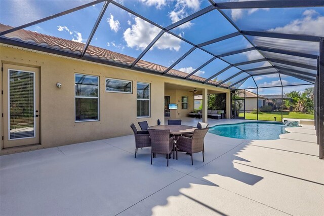 17113 1st Dr E, Bradenton, FL 34212 - view of pool featuring an outdoor living space, a patio area, ceiling fan, and a lanai