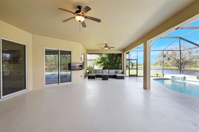 17113 1st Dr E, Bradenton, FL 34212 - view of patio / terrace featuring ceiling fan, outdoor lounge area, an outdoor pool, and glass enclosure