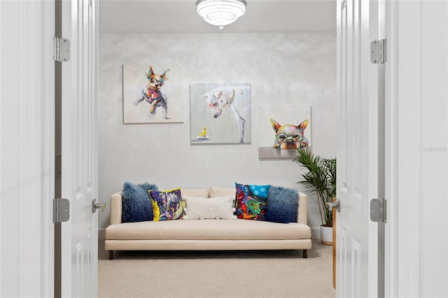 sitting room featuring carpet flooring