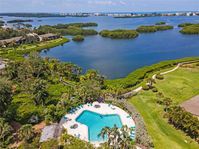 aerial view featuring a water view