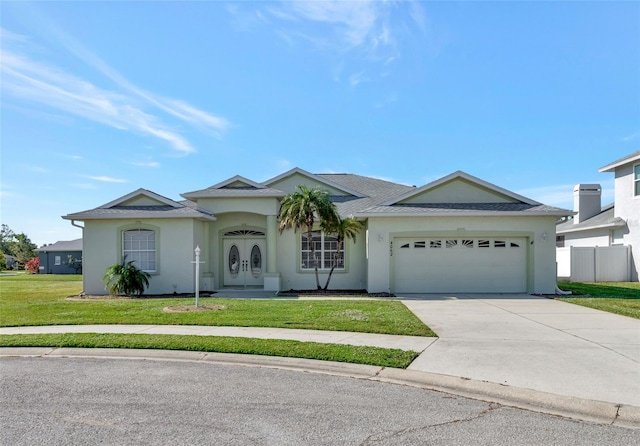 ranch-style house featuring a garage and a front lawn