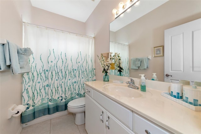 full bathroom with tile patterned floors, vanity, toilet, and shower / tub combo