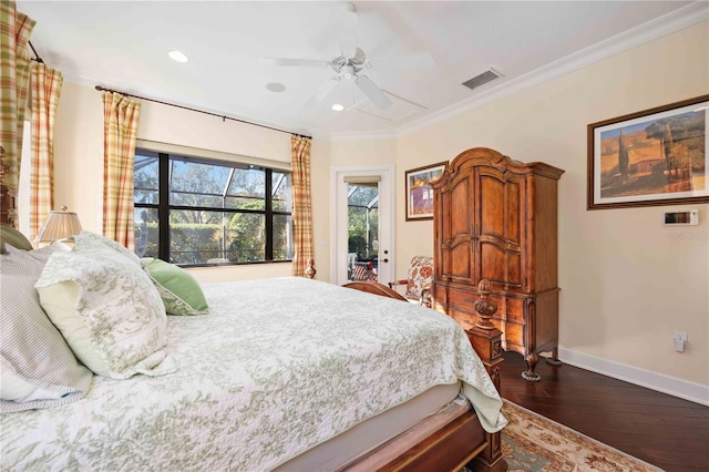 bedroom with access to exterior, ceiling fan, dark hardwood / wood-style floors, and ornamental molding