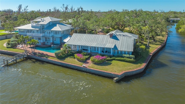 drone / aerial view featuring a water view